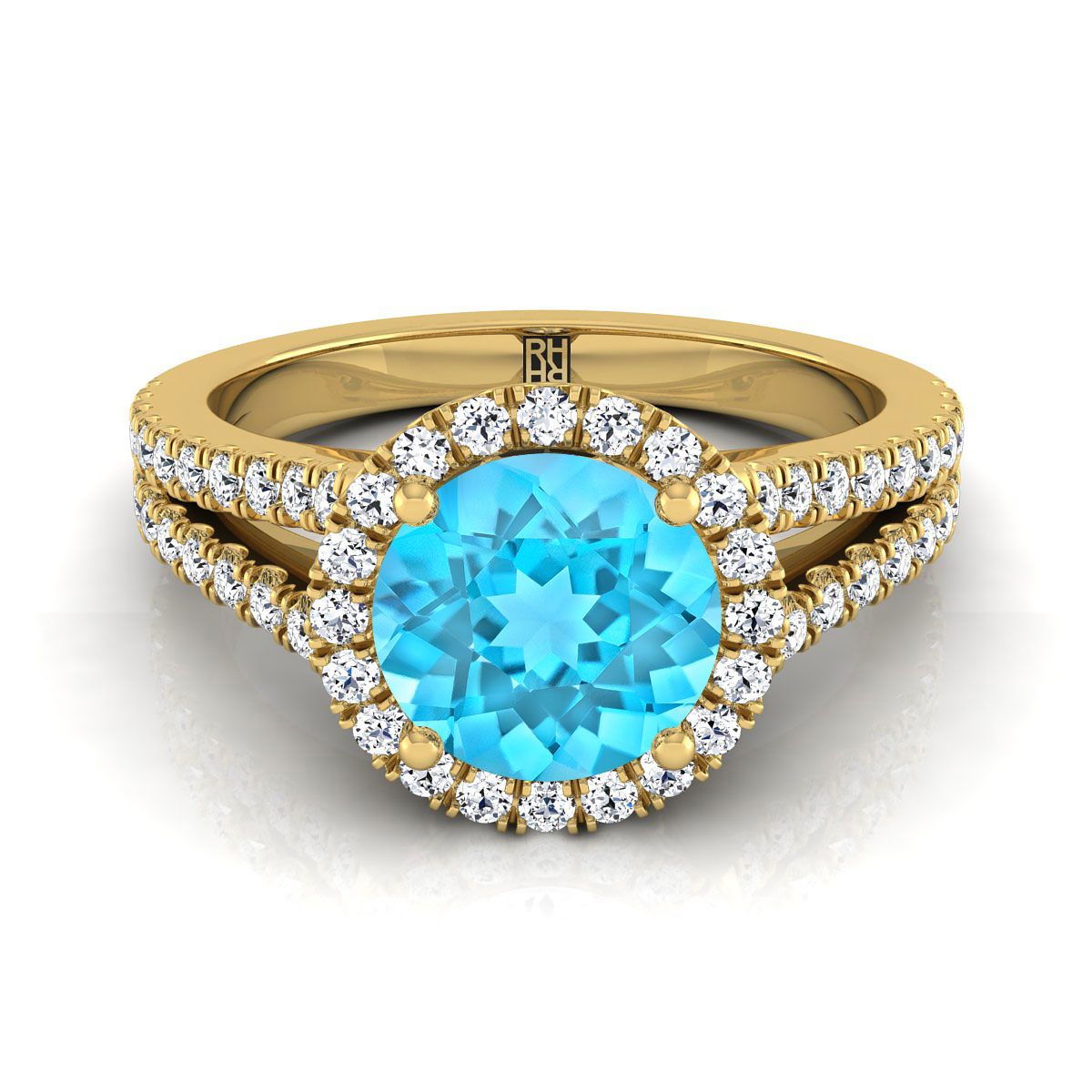 14K Yellow Gold Round Brilliant Swiss Blue Topaz Halo Center with French Pave Split Shank Engagement Ring -3/8ctw