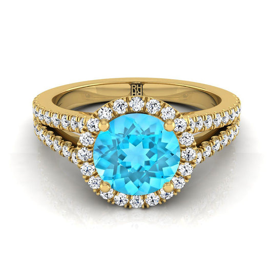 18K Yellow Gold Round Brilliant Swiss Blue Topaz Halo Center with French Pave Split Shank Engagement Ring -3/8ctw