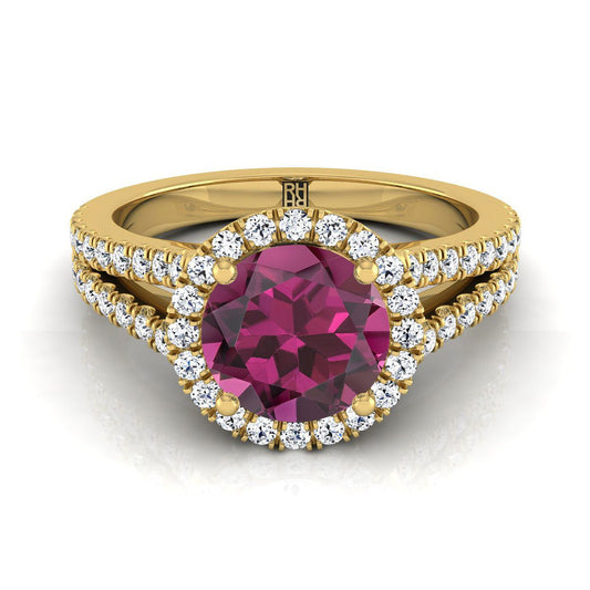 18K Yellow Gold Round Brilliant Garnet Halo Center with French Pave Split Shank Engagement Ring -3/8ctw