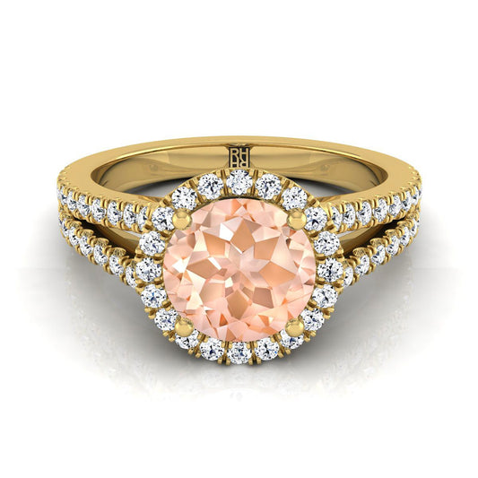18K Yellow Gold Round Brilliant Morganite Halo Center with French Pave Split Shank Engagement Ring -3/8ctw