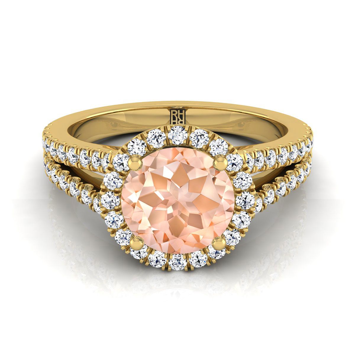 14K Yellow Gold Round Brilliant Morganite Halo Center with French Pave Split Shank Engagement Ring -3/8ctw