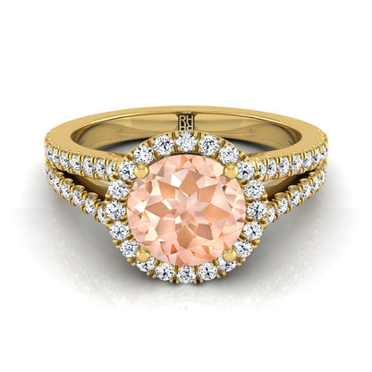 14K Yellow Gold Round Brilliant Morganite Halo Center with French Pave Split Shank Engagement Ring -3/8ctw