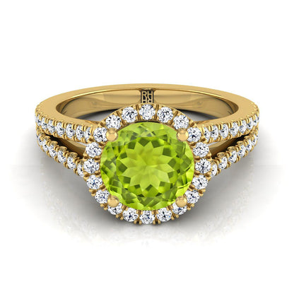14K Yellow Gold Round Brilliant Peridot Halo Center with French Pave Split Shank Engagement Ring -3/8ctw