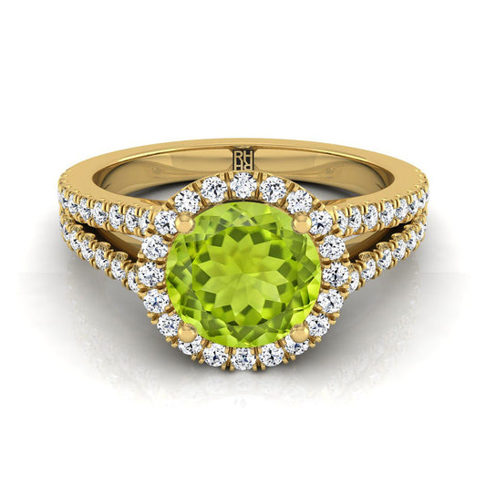 14K Yellow Gold Round Brilliant Peridot Halo Center with French Pave Split Shank Engagement Ring -3/8ctw