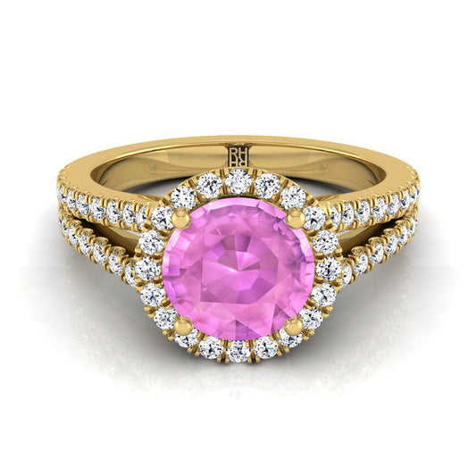 14K Yellow Gold Round Brilliant Pink Sapphire Halo Center with French Pave Split Shank Engagement Ring -3/8ctw