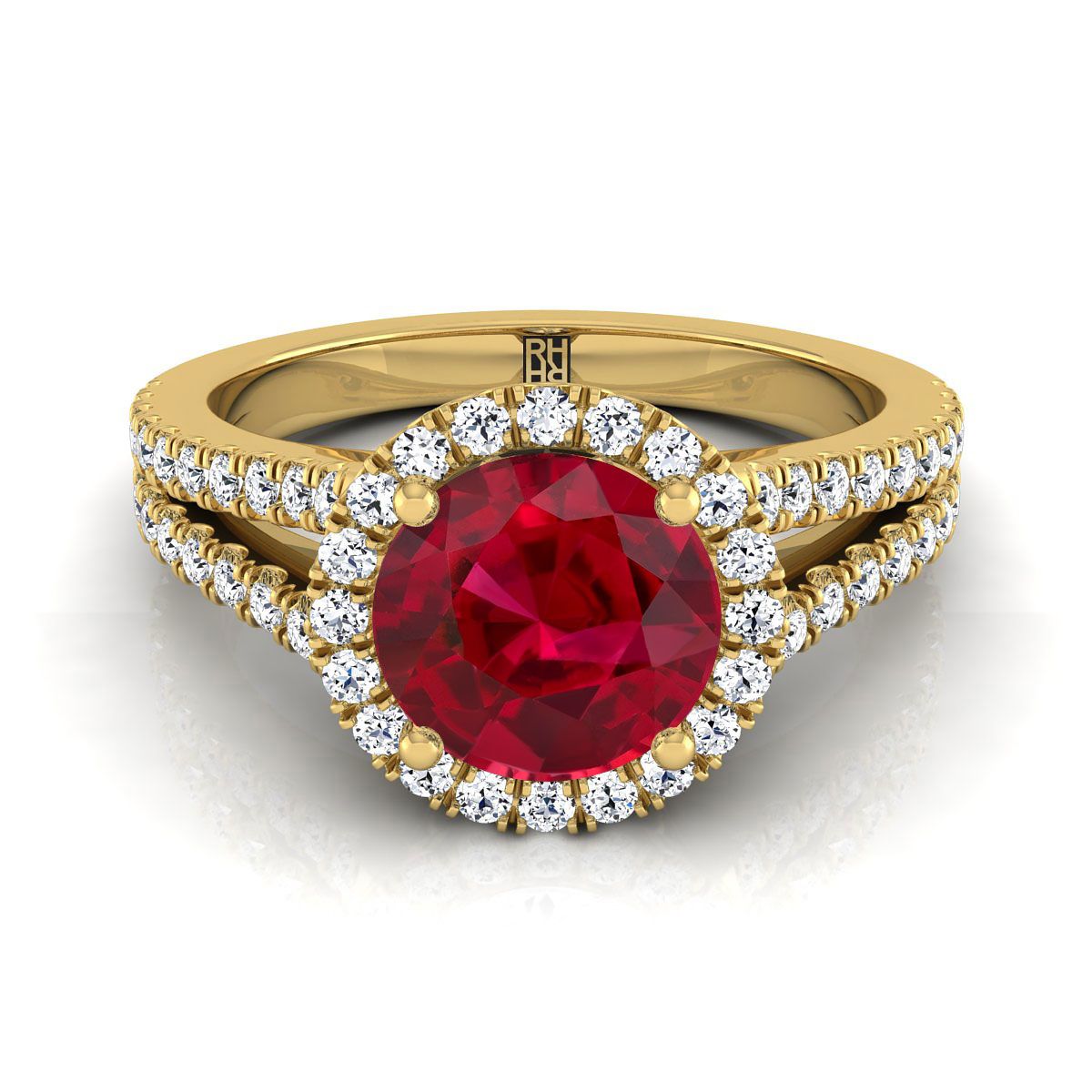 18K Yellow Gold Round Brilliant Ruby Halo Center with French Pave Split Shank Engagement Ring -3/8ctw