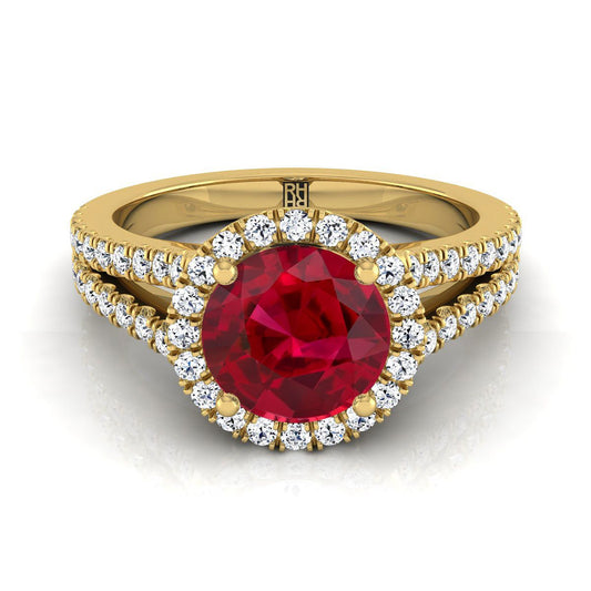 18K Yellow Gold Round Brilliant Ruby Halo Center with French Pave Split Shank Engagement Ring -3/8ctw