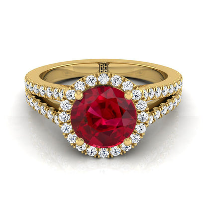 18K Yellow Gold Round Brilliant Ruby Halo Center with French Pave Split Shank Engagement Ring -3/8ctw