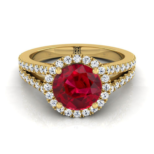 14K Yellow Gold Round Brilliant Ruby Halo Center with French Pave Split Shank Engagement Ring -3/8ctw