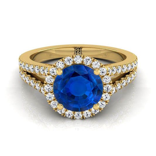 18K Yellow Gold Round Brilliant Sapphire Halo Center with French Pave Split Shank Engagement Ring -3/8ctw