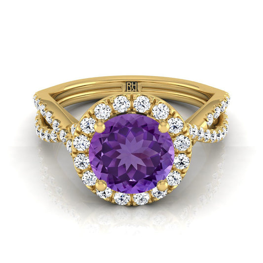 14K Yellow Gold Round Brilliant Amethyst  Twisted Scalloped Pavé Diamonds Halo Engagement Ring -1/2ctw
