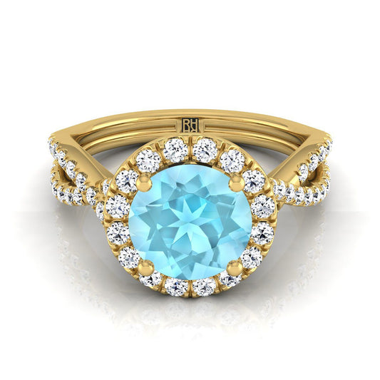 14K Yellow Gold Round Brilliant Aquamarine  Twisted Scalloped Pavé Diamonds Halo Engagement Ring -1/2ctw