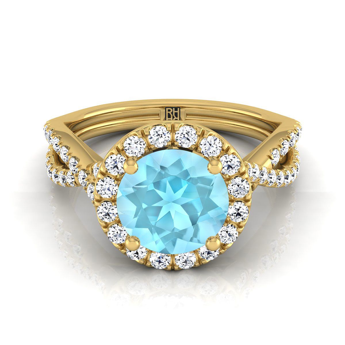 18K Yellow Gold Round Brilliant Aquamarine  Twisted Scalloped Pavé Diamonds Halo Engagement Ring -1/2ctw