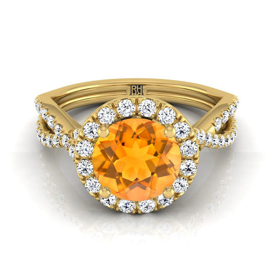 18K Yellow Gold Round Brilliant Citrine  Twisted Scalloped Pavé Diamonds Halo Engagement Ring -1/2ctw