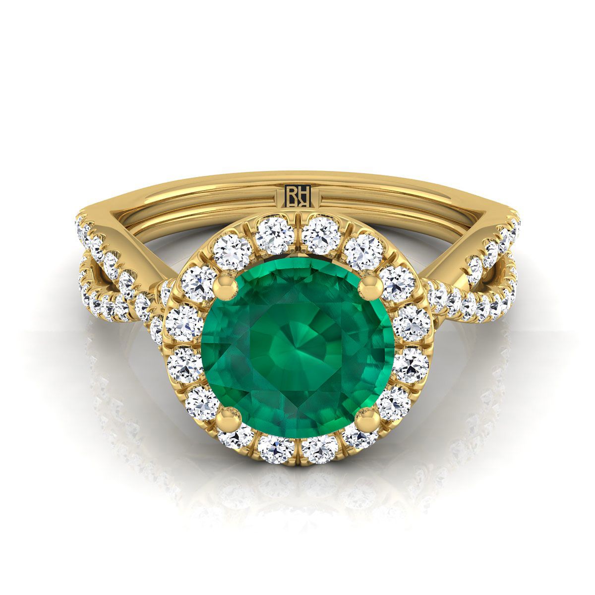 14K Yellow Gold Round Brilliant Emerald  Twisted Scalloped Pavé Diamonds Halo Engagement Ring -1/2ctw
