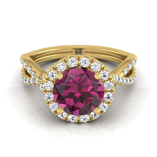 14K Yellow Gold Round Brilliant Garnet  Twisted Scalloped Pavé Diamonds Halo Engagement Ring -1/2ctw