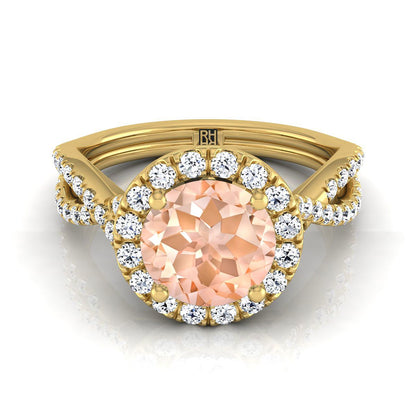 18K Yellow Gold Round Brilliant Morganite  Twisted Scalloped Pavé Diamonds Halo Engagement Ring -1/2ctw