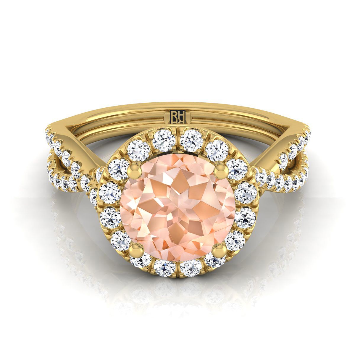 14K Yellow Gold Round Brilliant Morganite  Twisted Scalloped Pavé Diamonds Halo Engagement Ring -1/2ctw