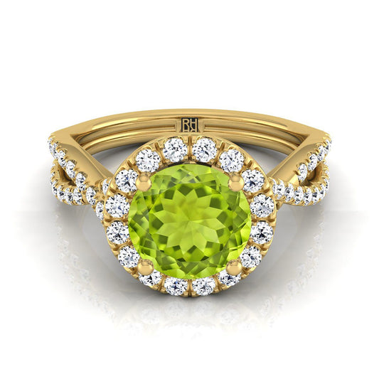 14K Yellow Gold Round Brilliant Peridot  Twisted Scalloped Pavé Diamonds Halo Engagement Ring -1/2ctw