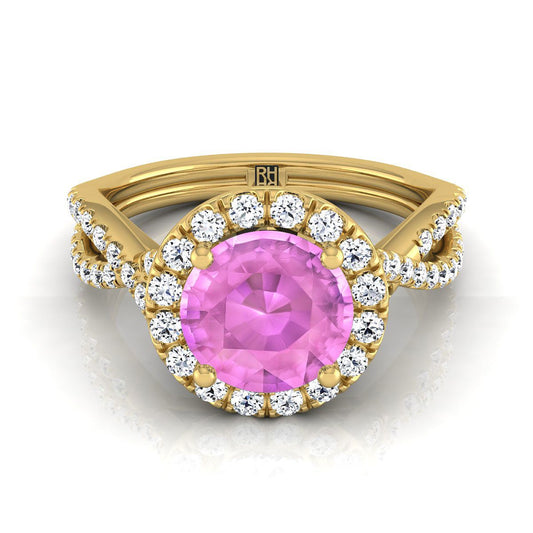 14K Yellow Gold Round Brilliant Pink Sapphire  Twisted Scalloped Pavé Diamonds Halo Engagement Ring -1/2ctw