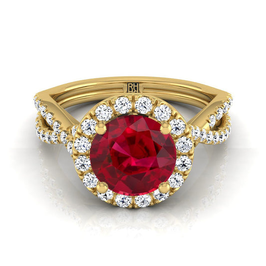 18K Yellow Gold Round Brilliant Ruby  Twisted Scalloped Pavé Diamonds Halo Engagement Ring -1/2ctw