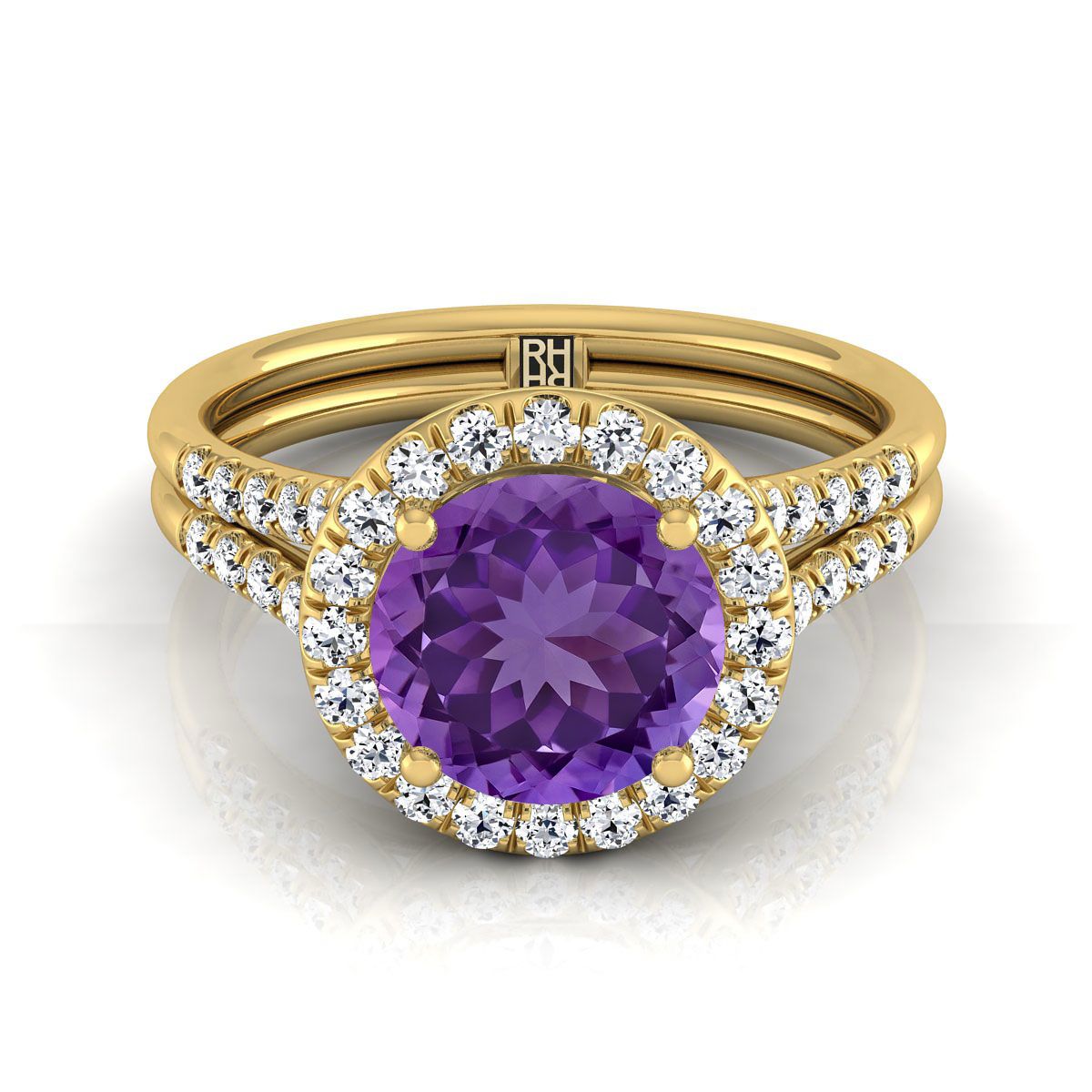 18K Yellow Gold Round Brilliant French Pave Split Shank Halo Engagement Ring -3/8ctw