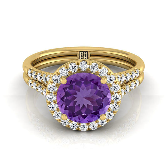 18K Yellow Gold Round Brilliant French Pave Split Shank Halo Engagement Ring -3/8ctw