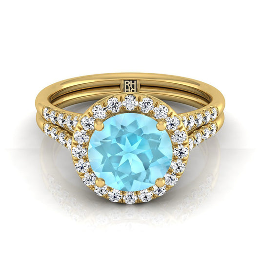 18K Yellow Gold Round Brilliant French Pave Split Shank Halo Engagement Ring -3/8ctw