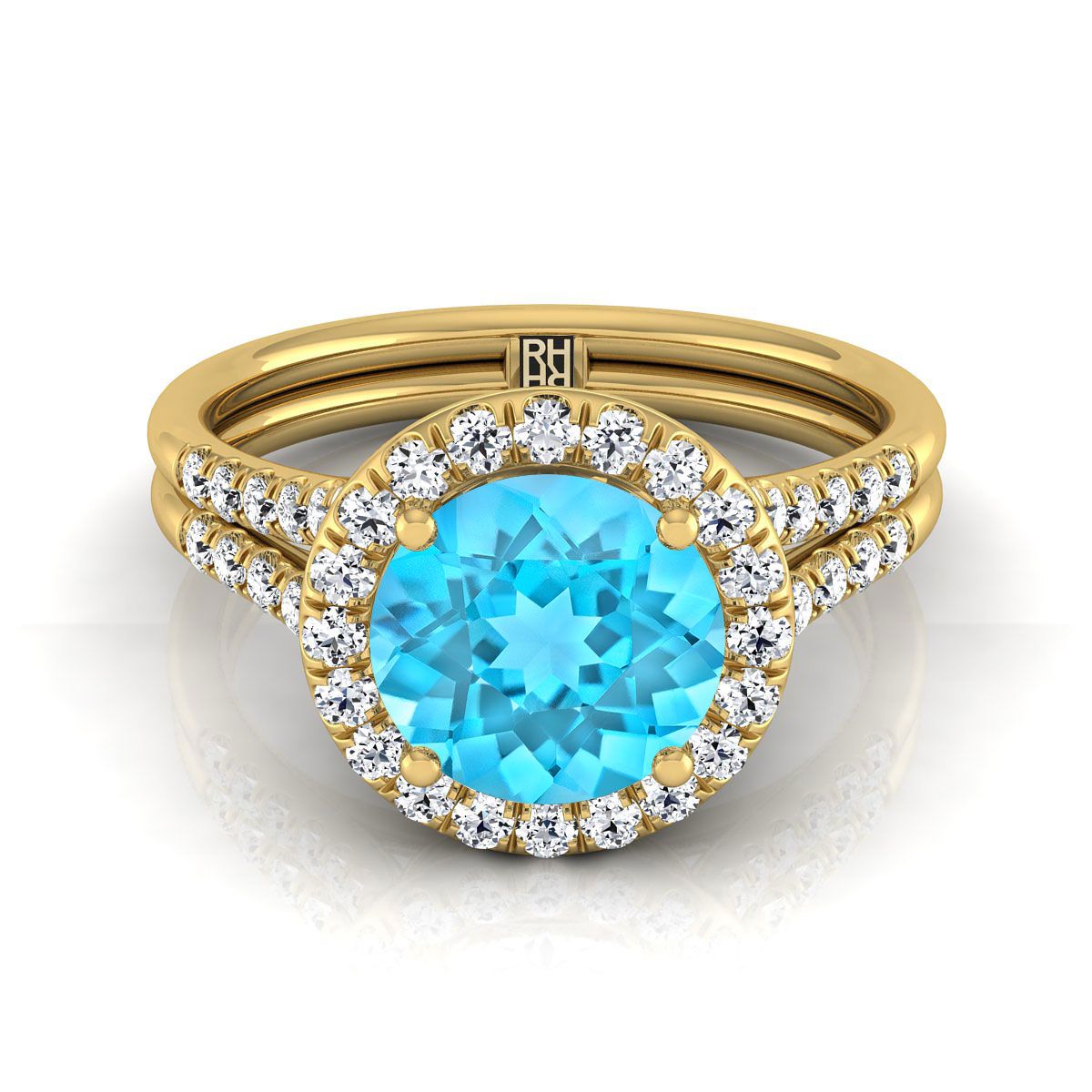 14K Yellow Gold Round Brilliant French Pave Split Shank Halo Engagement Ring -3/8ctw