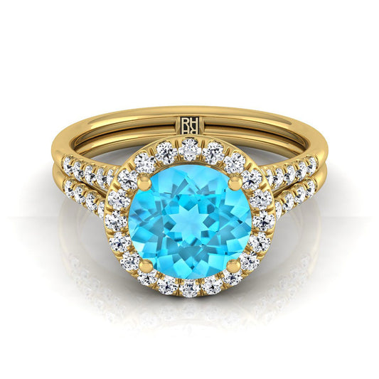 18K Yellow Gold Round Brilliant French Pave Split Shank Halo Engagement Ring -3/8ctw