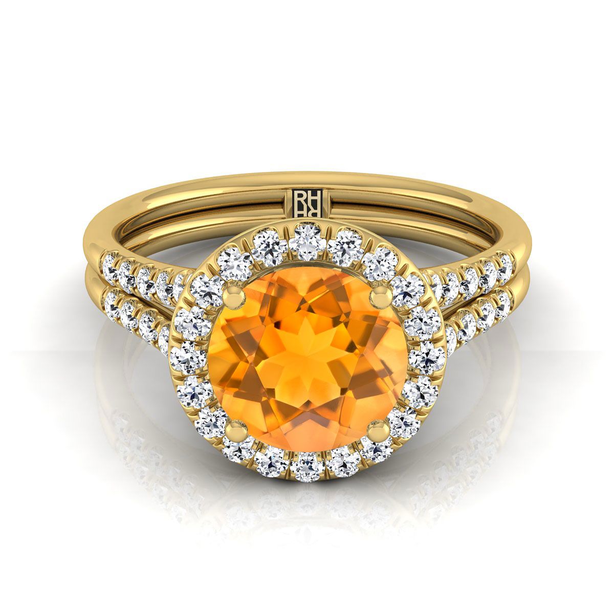 14K Yellow Gold Round Brilliant French Pave Split Shank Halo Engagement Ring -3/8ctw