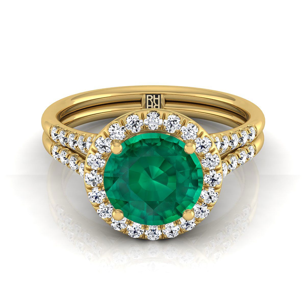 18K Yellow Gold Round Brilliant French Pave Split Shank Halo Engagement Ring -3/8ctw