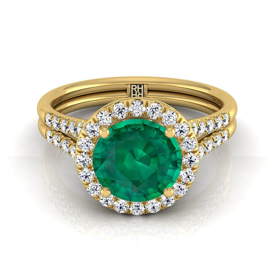 18K Yellow Gold Round Brilliant French Pave Split Shank Halo Engagement Ring -3/8ctw