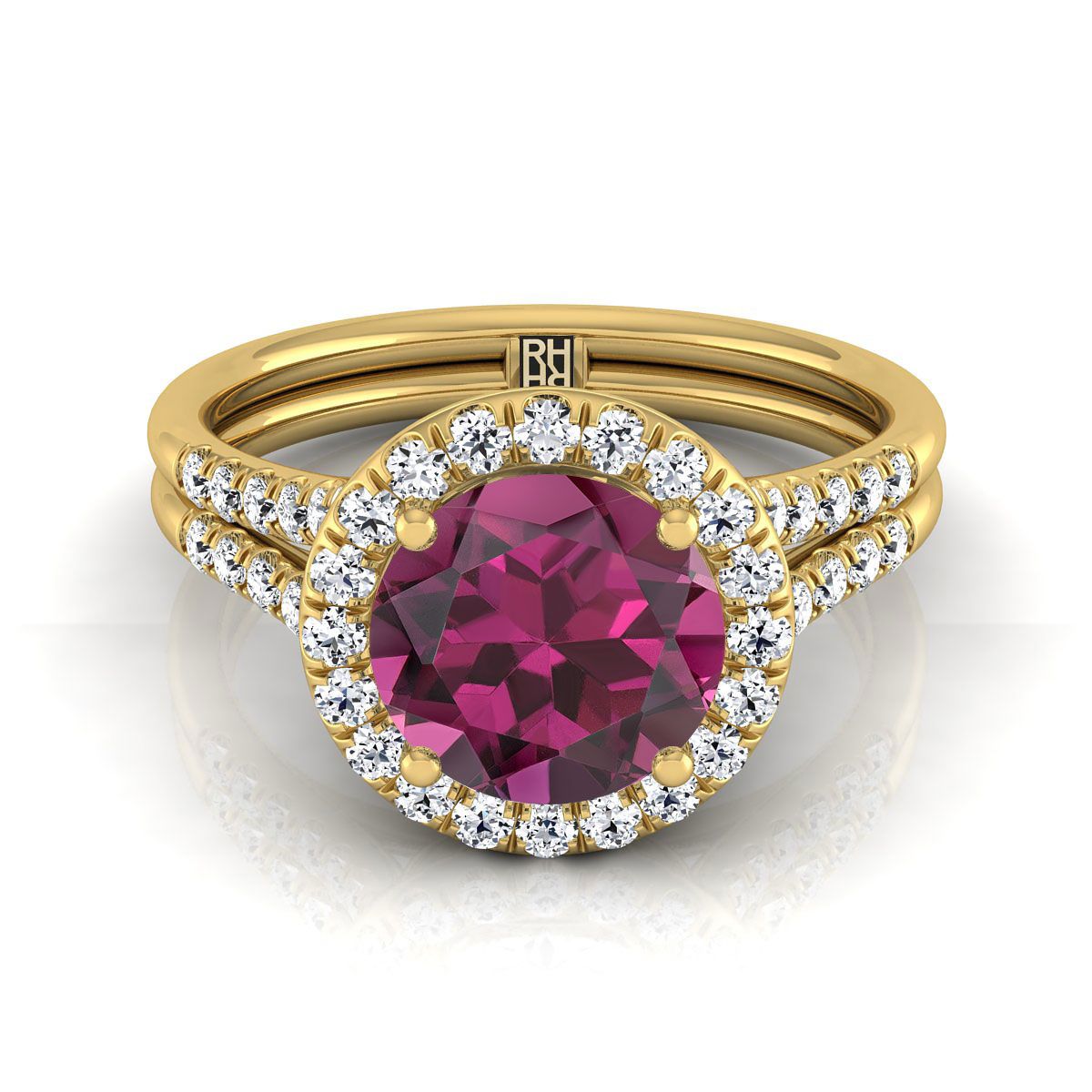 14K Yellow Gold Round Brilliant French Pave Split Shank Halo Engagement Ring -3/8ctw