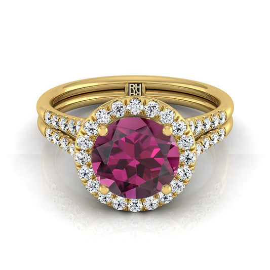 14K Yellow Gold Round Brilliant French Pave Split Shank Halo Engagement Ring -3/8ctw