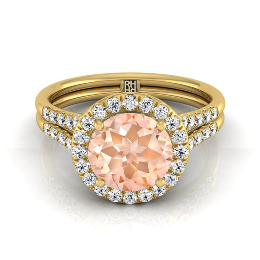 14K Yellow Gold Round Brilliant French Pave Split Shank Halo Engagement Ring -3/8ctw