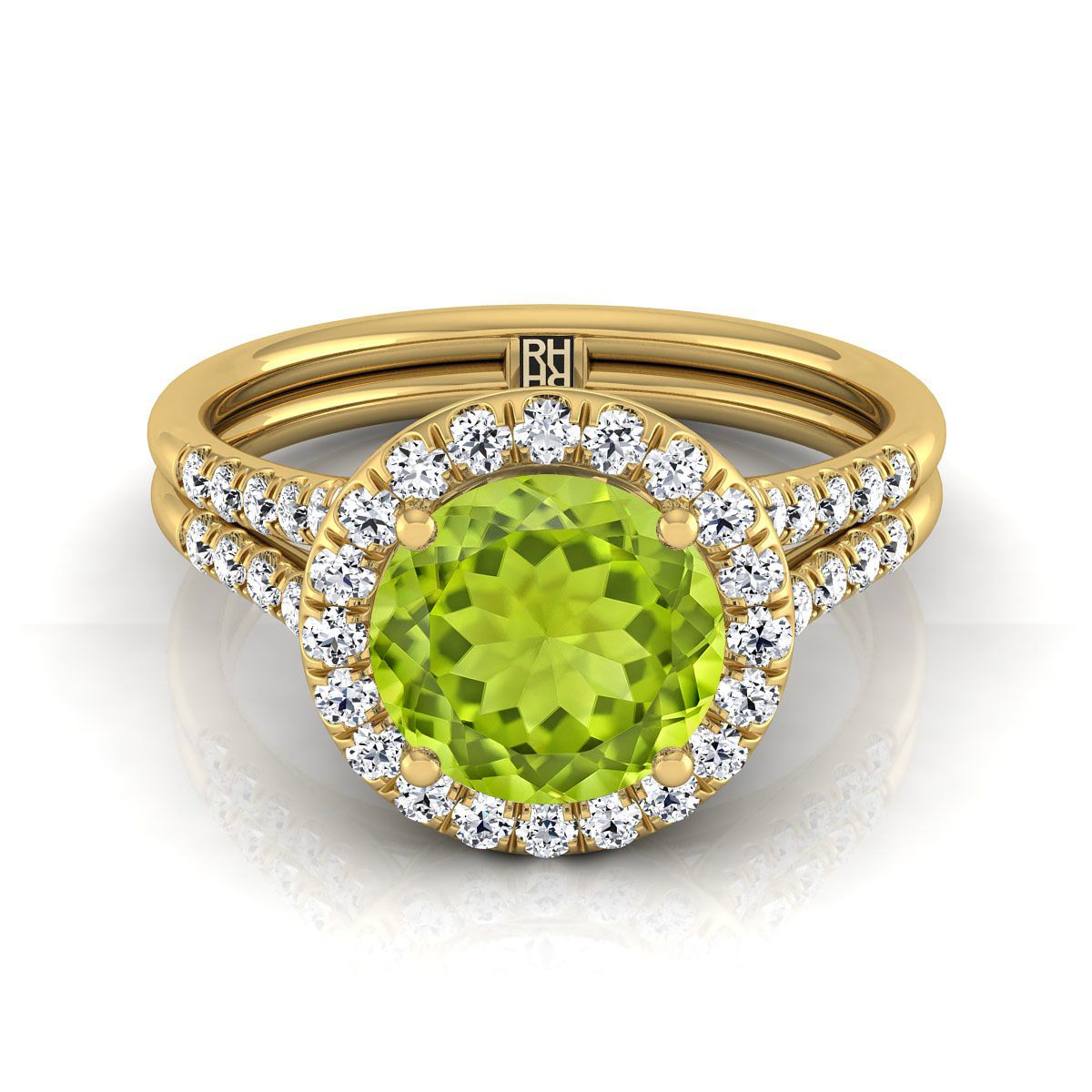 18K Yellow Gold Round Brilliant French Pave Split Shank Halo Engagement Ring -3/8ctw