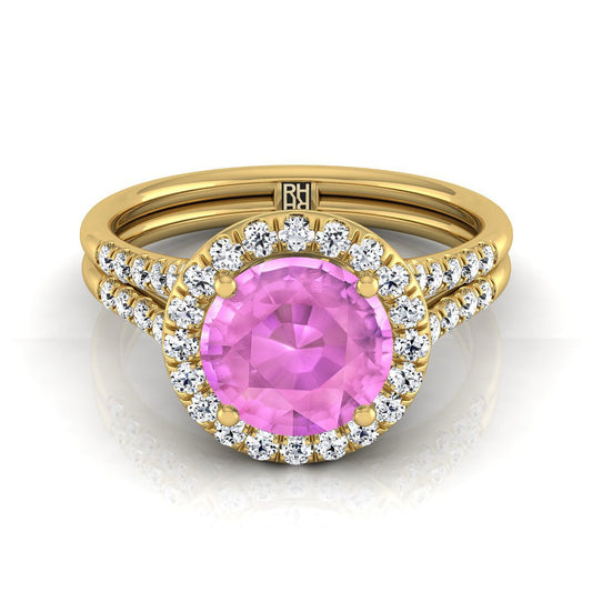 18K Yellow Gold Round Brilliant French Pave Split Shank Halo Engagement Ring -3/8ctw