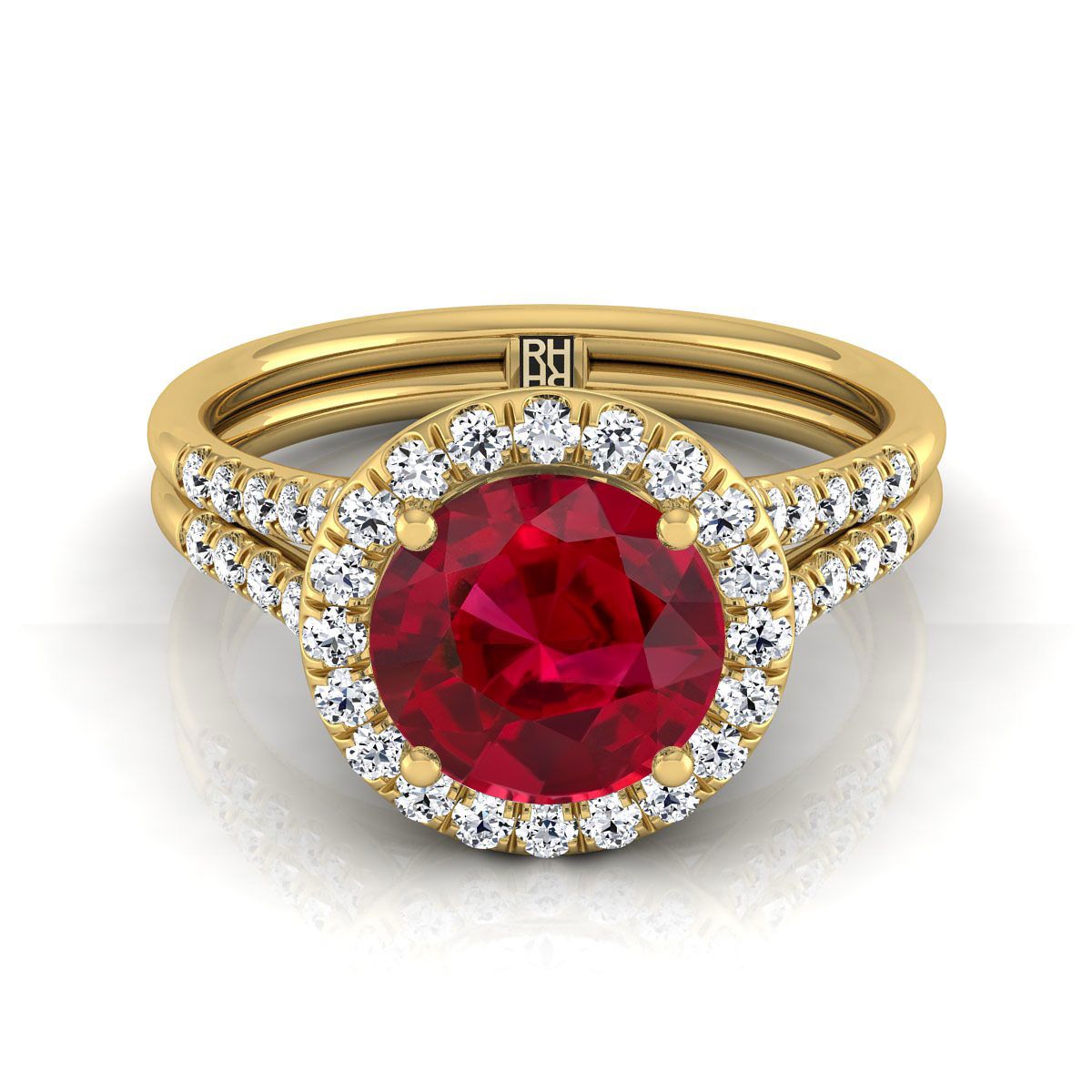 14K Yellow Gold Round Brilliant French Pave Split Shank Halo Engagement Ring -3/8ctw