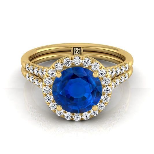 18K Yellow Gold Round Brilliant French Pave Split Shank Halo Engagement Ring -3/8ctw