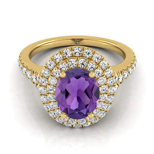 14K Yellow Gold Oval Amethyst Double Halo with Scalloped Pavé Diamond Engagement Ring -1/2ctw