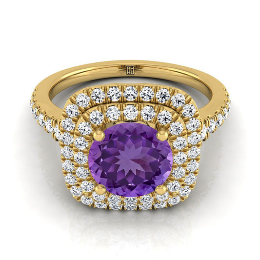 14K Yellow Gold Round Brilliant Amethyst Double Halo with Scalloped Pavé Diamond Engagement Ring -1/2ctw