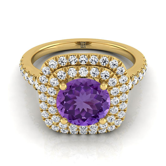 18K Yellow Gold Round Brilliant Amethyst Double Halo with Scalloped Pavé Diamond Engagement Ring -1/2ctw