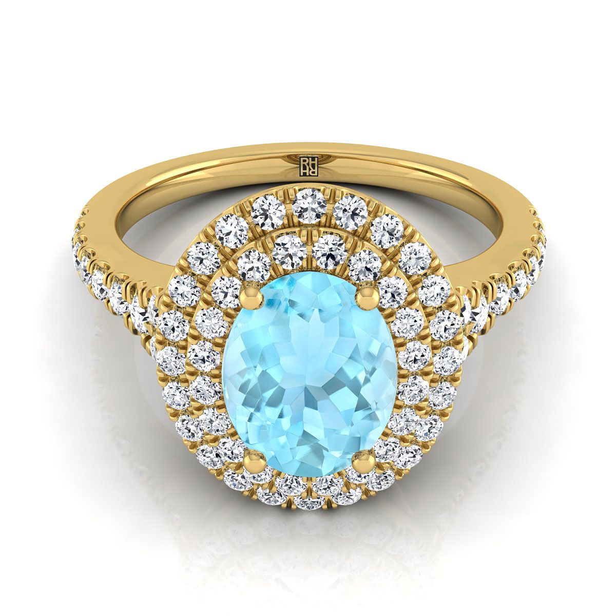 14K Yellow Gold Oval Aquamarine Double Halo with Scalloped Pavé Diamond Engagement Ring -1/2ctw
