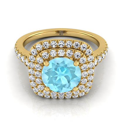 14K Yellow Gold Round Brilliant Aquamarine Double Halo with Scalloped Pavé Diamond Engagement Ring -1/2ctw