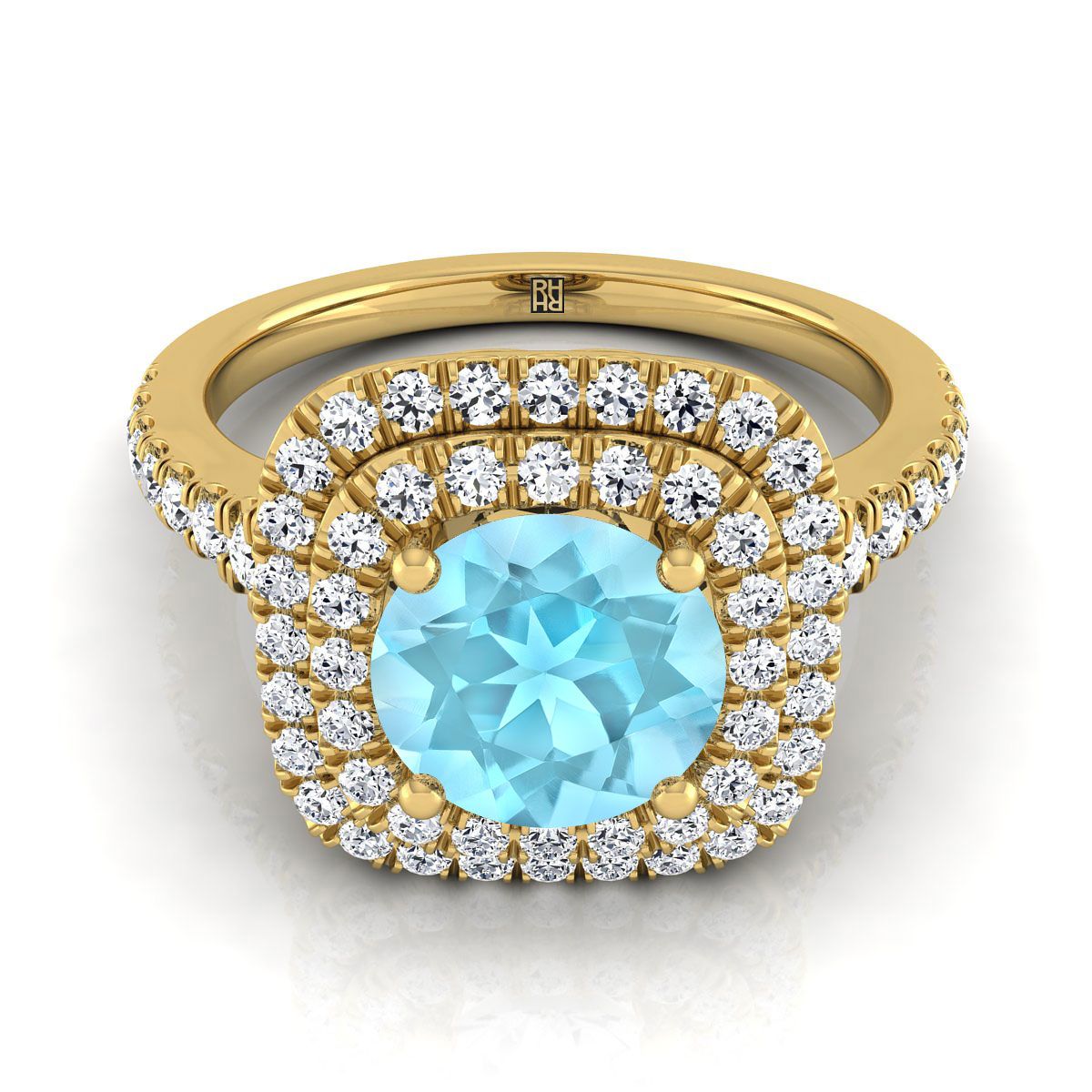 18K Yellow Gold Round Brilliant Aquamarine Double Halo with Scalloped Pavé Diamond Engagement Ring -1/2ctw