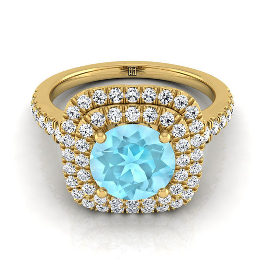 18K Yellow Gold Round Brilliant Aquamarine Double Halo with Scalloped Pavé Diamond Engagement Ring -1/2ctw