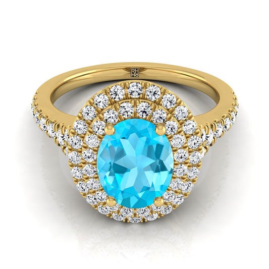18K Yellow Gold Oval Swiss Blue Topaz Double Halo with Scalloped Pavé Diamond Engagement Ring -1/2ctw