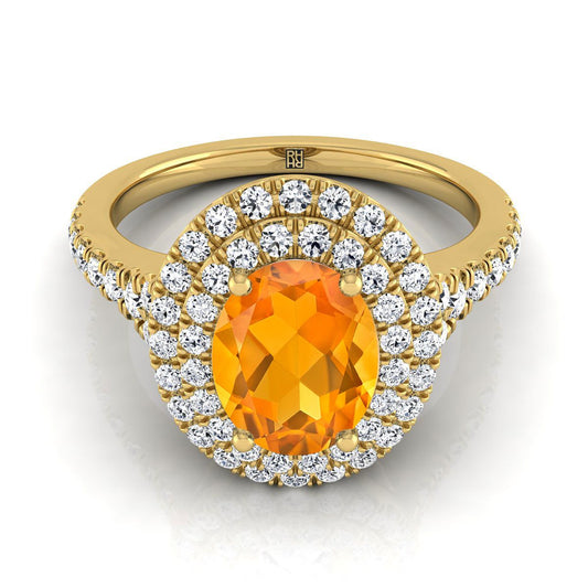 18K Yellow Gold Oval Citrine Double Halo with Scalloped Pavé Diamond Engagement Ring -1/2ctw