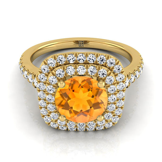 18K Yellow Gold Round Brilliant Citrine Double Halo with Scalloped Pavé Diamond Engagement Ring -1/2ctw